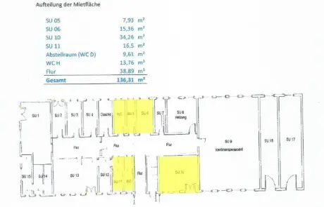 Der Grundriss zeigt die Raumaufteilung der Kantine in Altlandsberg mit Gesamtfläche von 136,31 m², Flur, WC, Duschen und Kantinenspeisesaal.